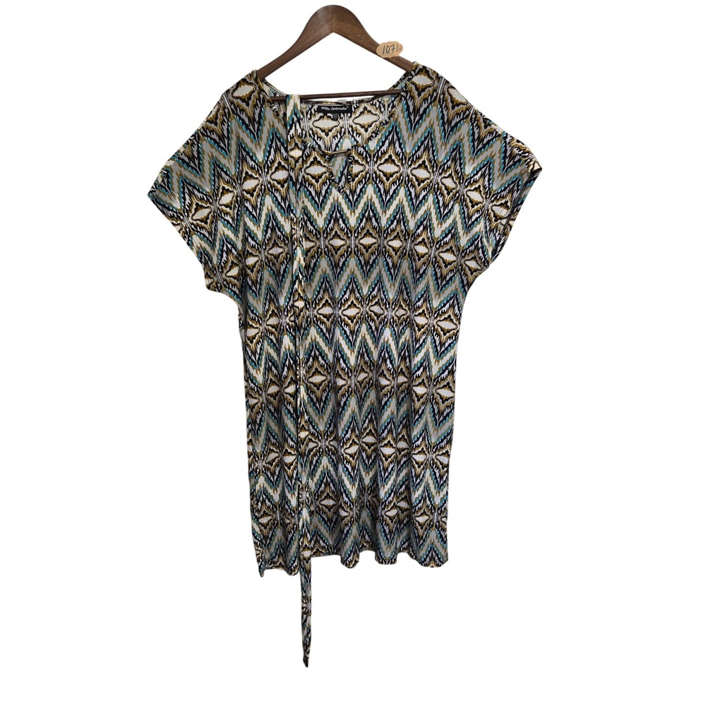 Mlle‎ Gabrielle Womens 3X Ikat Geometric Tunic Top Blue Gold Keyhole Tie Waist